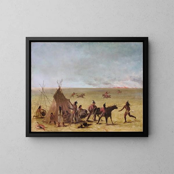 Zaniepokojona rodzina indiańska na skraju pożaru preri - George Catlin — oprawiony obraz na ścianie