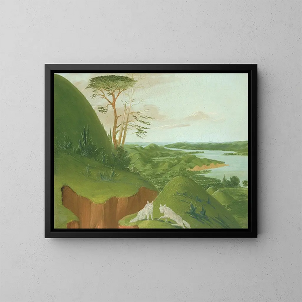 Klify nad rzekami z białymi wilkami na pierwszym planie, Haut-Missouri - George Catlin — oprawiony obraz na ścianie