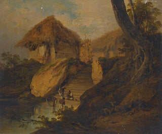 George Chinnery - Figures Washing In A River With Thatched Huts Behind Bengal India.webp