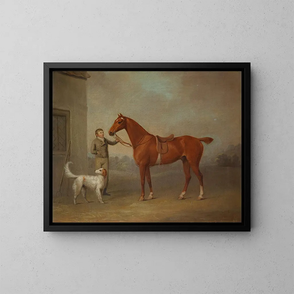 Le chasseur de marrons de M. Yarburgh, Robin des Bois, tenu par un palefrenier avec un chien dans un paysage - George Haigh — oprawiony obraz na ścianie