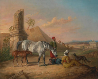 George Henry Laporte - Grey Arabian mare and foal with a family.webp
