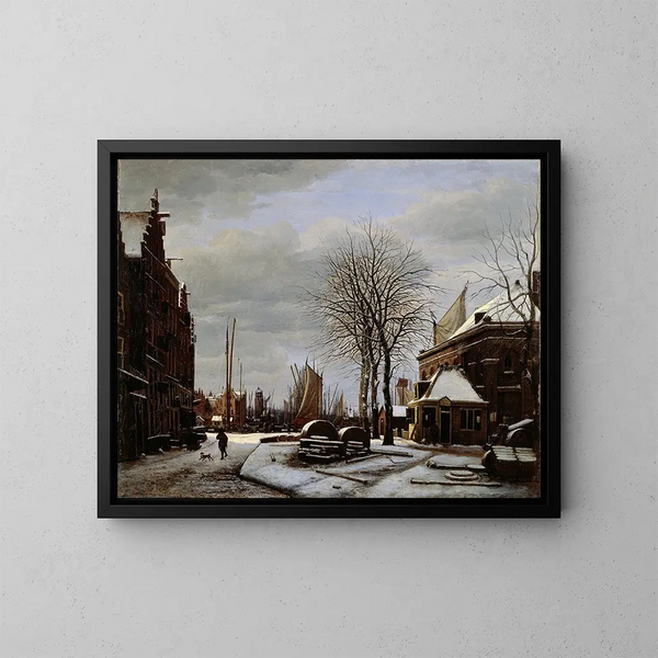Targ młynów w Amsterdamie z budynkiem Het Zeerecht zimą - George Pieter Westenberg — oprawiony obraz na ścianie