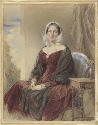George Richmond - Portret van een zittende dame bij een doorkijk naar buiten.webp