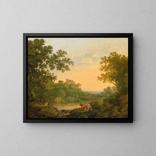 George Smith - A wooded landscape with fishermen and shepherds by a pond a ruined castle beyond.webp