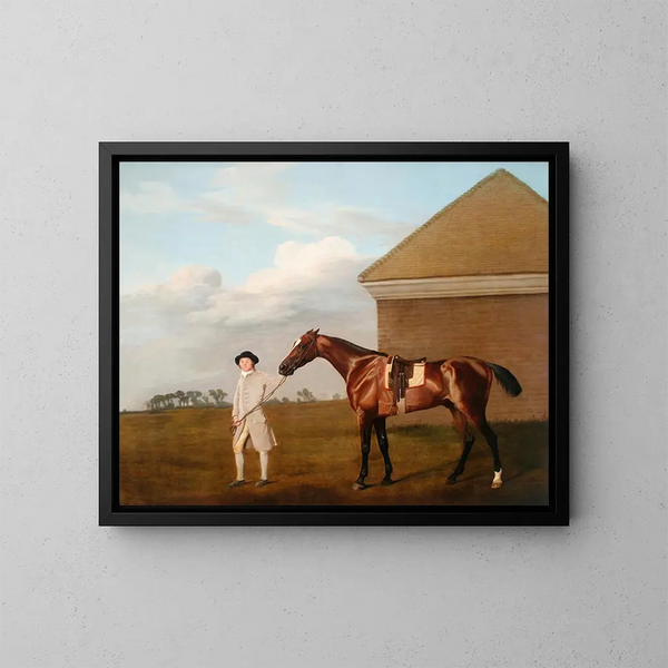 Queue de feu z jej trenerem w domu groomerskim na Newmarket Heath - George Stubbs — oprawiony obraz na ścianie