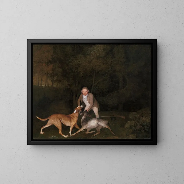 Le garde-chasse de l'earl de Clarendon avec une biche mourante et un chien - George Stubbs — oprawiony obraz na ścianie