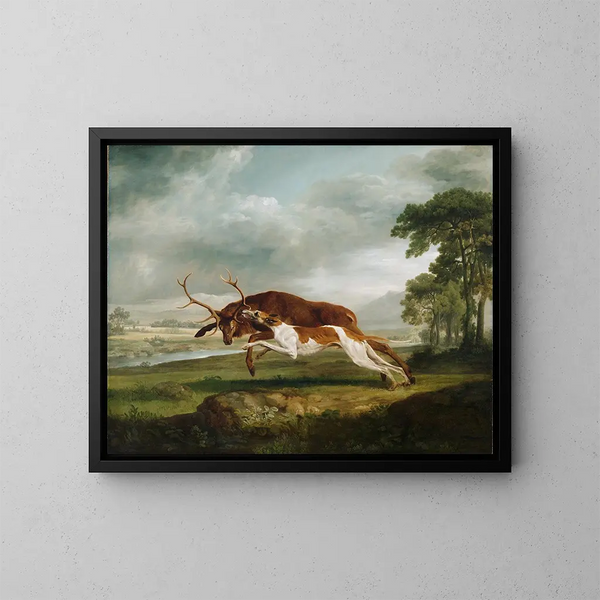 Biegający pies za jeleniem - George Stubbs — oprawiony obraz na ścianie