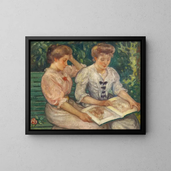 Blanche Viau i Alice Viau, dwie młode dziewczyny czytające na ławce - Georges d'Espagnat — oprawiony obraz na ścianie