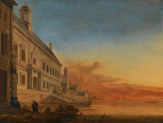 Gerard Houckgeest - A Coastal Architectural Capriccio At Sunset.webp
