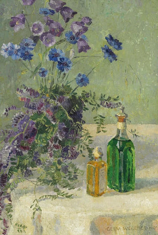 Gerda Wegener - Still life with blue flowers and two bottles on a table.webp