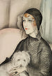 Młoda dama z czarnym kapeluszem typu cloche i małym białym psem - Gerda Wegener — widok dzieła