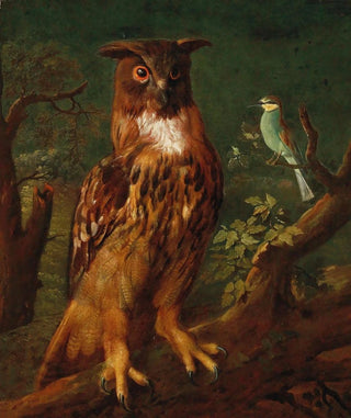 German School - An owl and a blue tit sitting in a tree.webp