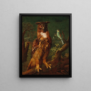 German School - An owl and a blue tit sitting in a tree.webp