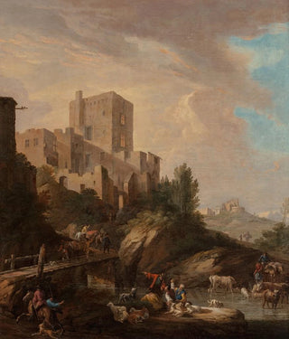 German School - Drovers watering their goats and cattle by a river with travelers crossing a bridge before a walled hill town.webp