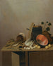 Martwa natura z martwym kaczką, rybami, gruszkami, jajkami, miedzianym garnkiem i innymi przedmiotami, wszystko ułożone na meblach kuchennych - Gerrit van Vucht — widok dzieła