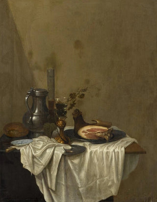 Gerrit van Vucht - Still life with a pewter jug roemers and a leg of ham together on a table draped with a white tablecloth.webp