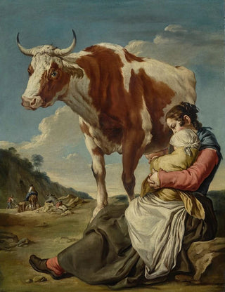 Giacomo Ceruti - A Mother And Her Child Milking A Cow In A Landscape A Group Of Peasants And Animals Beyond.webp