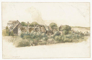 Gillis Neyts - Gezicht op enkele huizen en een watermolen tussen bomen.webp