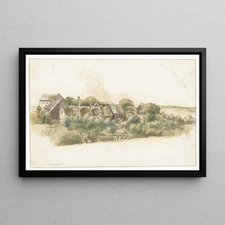Gillis Neyts - Gezicht op enkele huizen en een watermolen tussen bomen.webp