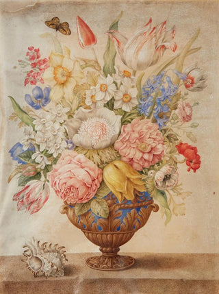 Giovanna Garzoni - Flowers in a LapisLazuli Vase on a Marble Top with a Conch Shell and a Monarch Butterfly.webp