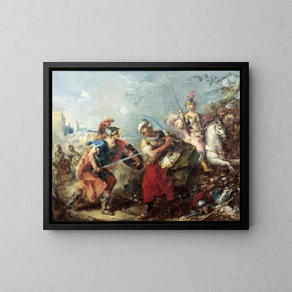 Walka między Tancrède a Argante z Clorindą w tle - Giovanni Antonio Guardi — oprawiony obraz na ścianie