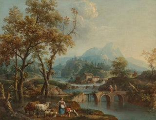 Giovanni Battista Cimaroli - An Italianate lake landscape with travellers crossing a bridge a lakeside town beyond.webp