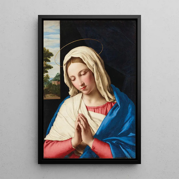 La Vierge en prière avec un paysage au-delà - Giovanni Battista Salvi da Sassoferrato — oprawiony obraz na ścianie