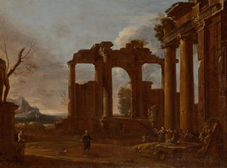 Giovanni Ghisolfi - Two classical temples in ruins with statue basrelief and figures.webp