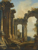 Un caprice de ruines classiques avec trois hommes conversant sur les marches d'un temple - Giovanni Niccolò Servandoni — widok dzieła