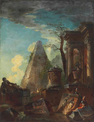 Giovanni Paolo Panini - A Capriccio Of Classical Ruins With The Pyramid Of Cestius Beyond.webp