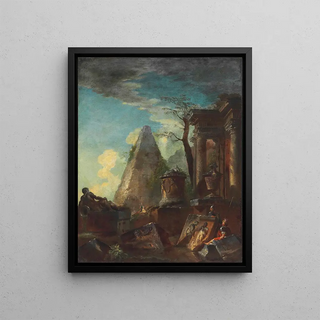 Giovanni Paolo Panini - A Capriccio Of Classical Ruins With The Pyramid Of Cestius Beyond.webp