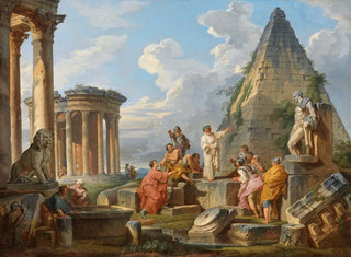 Un caprice avec saint Paul prêchant aux Romains avec le temple de Vesta et la pyramide de Caius Cestius - Giovanni Paolo Panini — widok dzieła