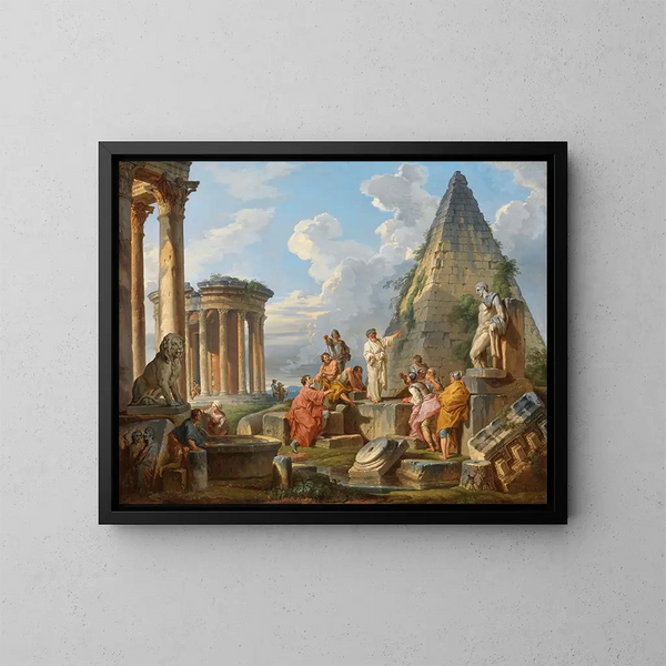 Un caprice avec saint Paul prêchant aux Romains avec le temple de Vesta et la pyramide de Caius Cestius - Giovanni Paolo Panini — oprawiony obraz na ścianie