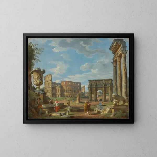 Caprice na temat starożytnych monumentów rzymskich z Koloseum i łukiem Konstantyna - Giovanni Paolo Panini — oprawiony obraz na ścianie