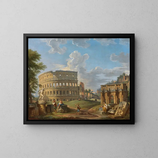 pejzażowy z Koloseum i Łukiem Konstantyna w Rzymie - Giovanni Paolo Panini — oprawiony obraz na ścianie