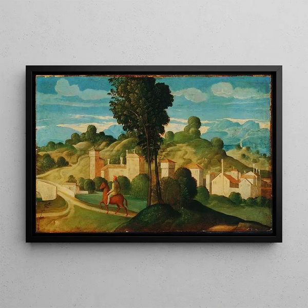 pejzażowy z jeźdźcem - Girolamo da Santacroce — oprawiony obraz na ścianie