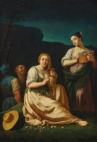Giuseppe Gambarini - An allegory of Spring with a young woman combing her hair and another holding a basket of flowers in a landscape.webp