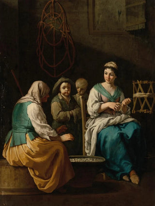 Giuseppe Gambarini - An allegory of Winter with a young woman spinning in an interior and an old woman and children warming themselves over a brazier.webp