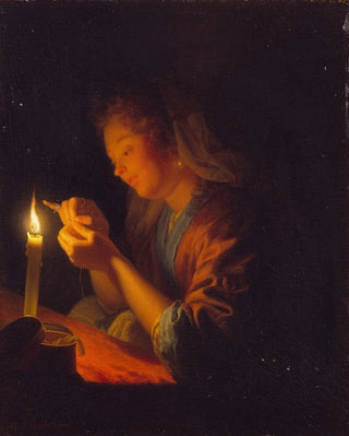 Godfried Schalcken - Girl threading a Needle by Candlelight.webp