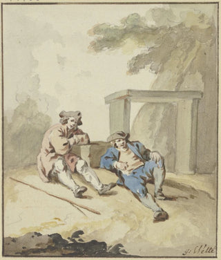 Gottlieb Welt - Zwei Mnner bei einer Steinbank am Boden lagernd.webp