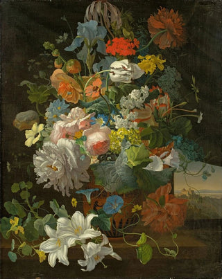 Gottlob Michael Wentzel - Floral still life with a view of Castel Gandolfo.webp