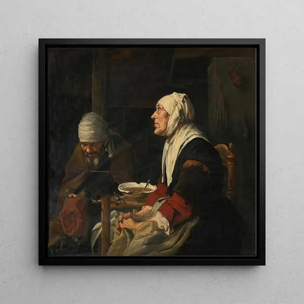 Grâce avant dîner, un vieil couple assis à une table - Abraham Van Dijck