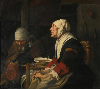 Grâce avant dîner, un vieil couple assis à une table - Abraham Van Dijck