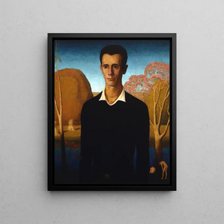 Grant Wood - Arnold Pyle in front of a river with two skinnydipping men.webp
