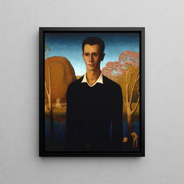 Grant Wood - Arnold Pyle in front of a river with two skinnydipping men.webp