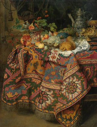 Guiliam Gabron - Still Life With Fruit Gold And Silver Vessels And A Squirrel All On A Table Covered By A Persian Rug.webp