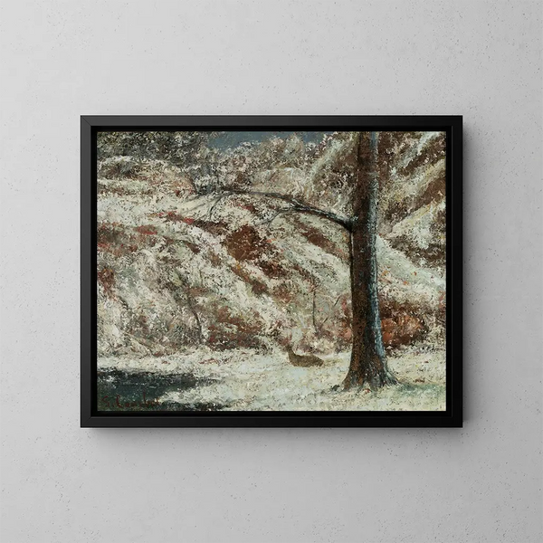 Jelen na śniegu w lesie - Gustave Courbet — oprawiony obraz na ścianie