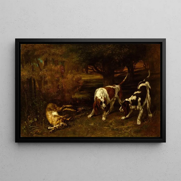 Psów myśliwskich z martwym zającem - Gustave Courbet — oprawiony obraz na ścianie