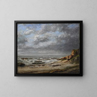 Widok wzburzonego morza w pobliżu klifu - Gustave Courbet — oprawiony obraz na ścianie