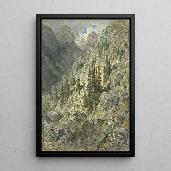 Dolina alpejska z drzewami i skałami - Gustave Doré — oprawiony obraz na ścianie